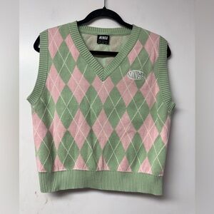 MINGA London Argyle Sweater Vest Pink Green Sleeveless Knit Small Academia Indie